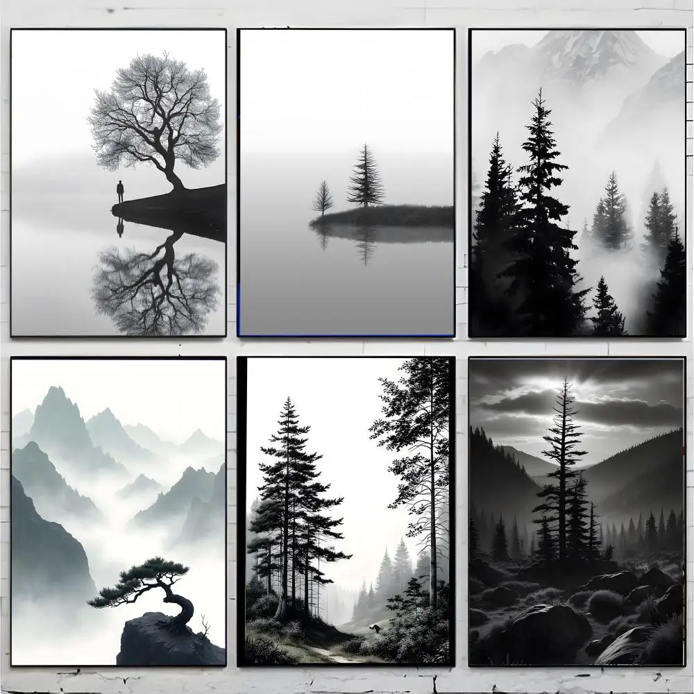 Minimalist Landscape Black and White Mountain Tree Poster Superior Home Space Pub Indoor Decorative Art & Home Decor