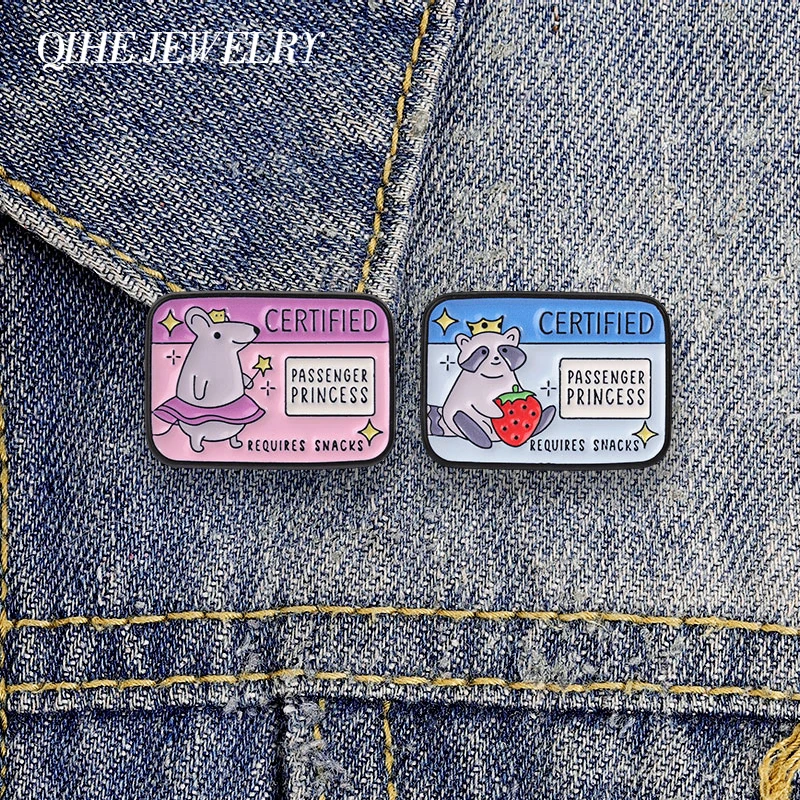Certified Passenger Princess Raccoon And Mouse Badge Cartoon Raccoon Rat Crowned & Strawberry Enamel Pin Bag Lapel Badge Jewelry