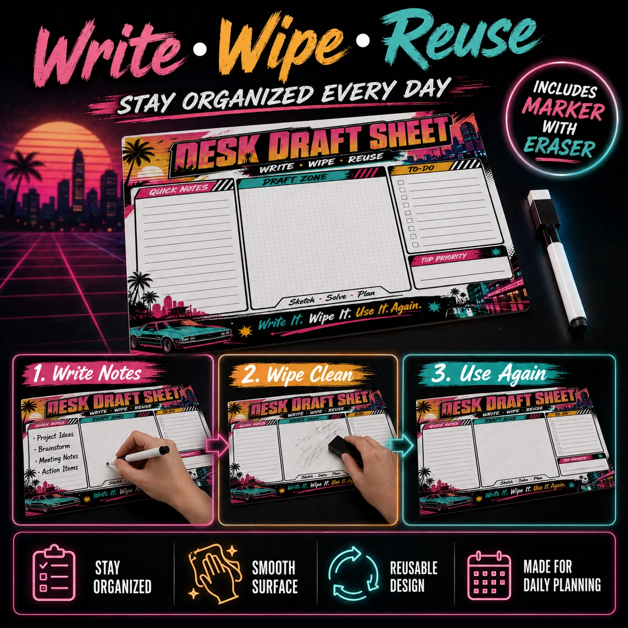Retro Neon Reusable Dry Erase - Whiteboard Marker Set review and price