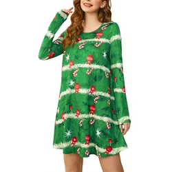 Long Sleeve Christmas Women Dresses Christmas Gift Pattern 3D Printed Female Short Dress Round-Neck Casual Ladies Mini Dress