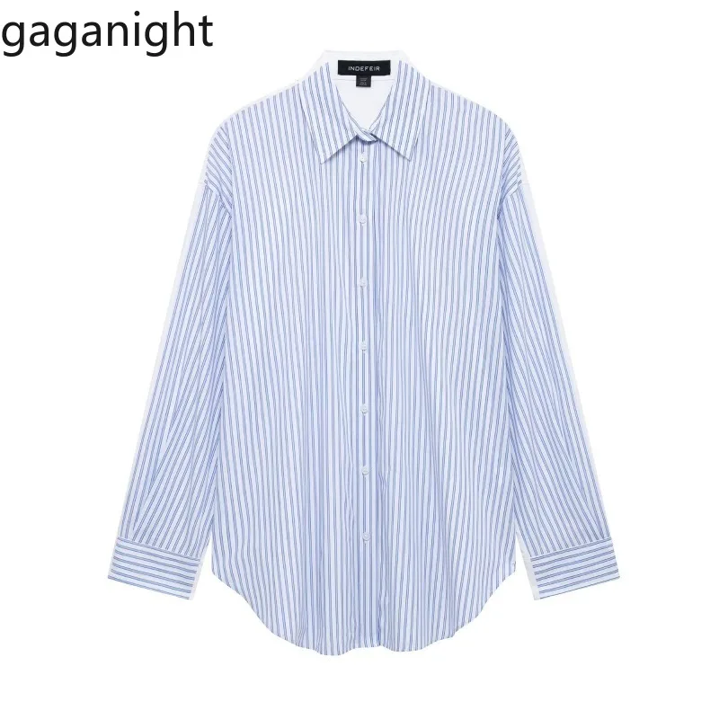 

Gaganight Women Shirts Striped Patchwork Turn Down Collar Long Sleeve Loose Office Lady Temperament Blouse Fashion Elegant Tops