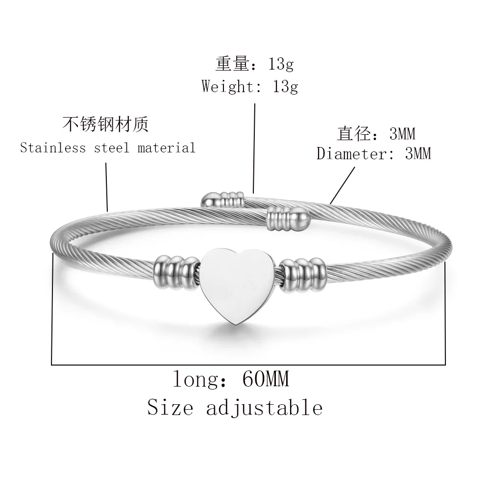 Stainless Steel Wire Woven Bracelet Cable Titanium Steel Heart-Shaped Bracelets For Women