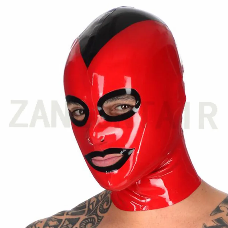 

Mysterious Sexy Lingerie Handmade Unisex Men Latex Red Face Back Zipper Spliced Black Customize Size Hoods Mask Fetish Uniform