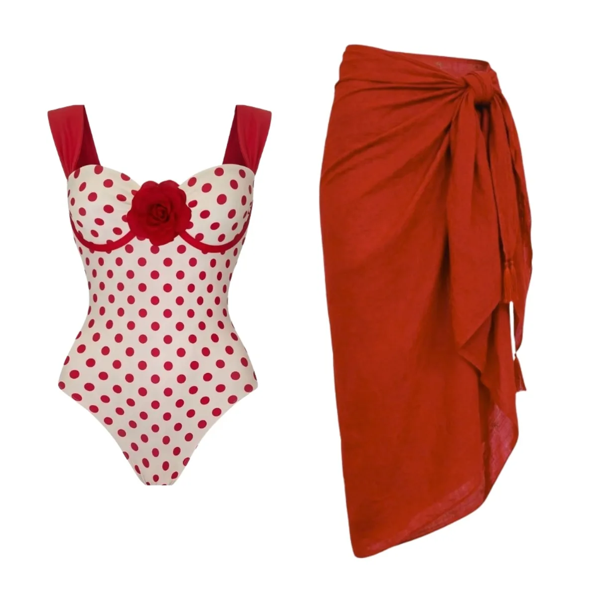 Red Retro Polka Dot One-Piece Swimsuit Set for Women New Hot Spring Style