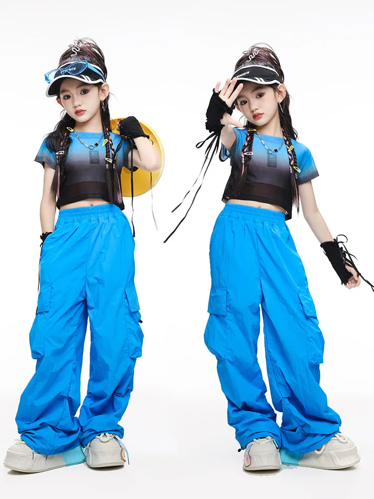 Jazz Dance Costumes Kids Streetwear Gradient Black Blue Crop Top Hip Hop Dancing Pants Model Show Outfit Street Dance Wear 3587