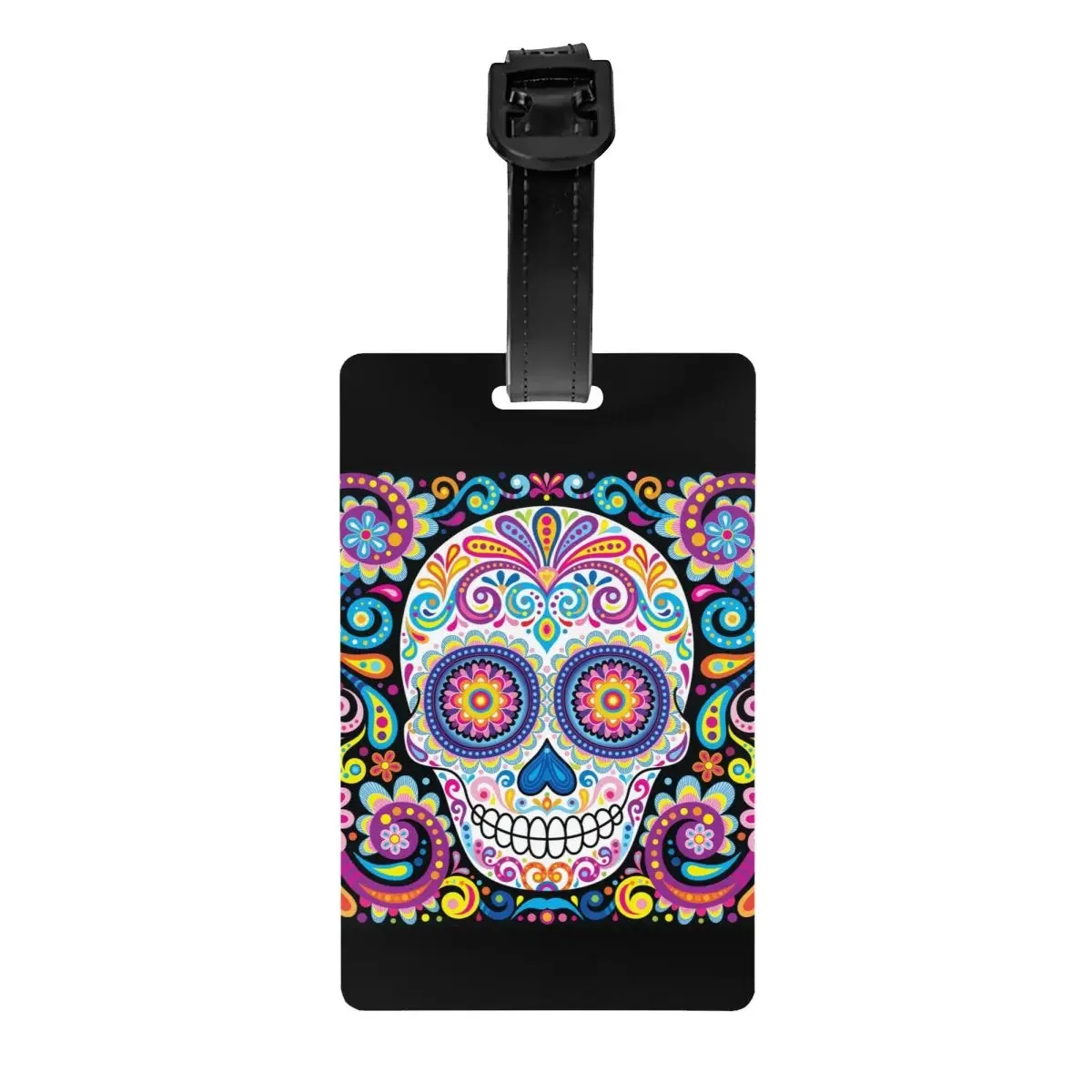 Halloween Sugar Skull Luggage Tag With Name Card Day Of The Dead Mexican Flowers Privacy Cover ID Label for Travel Bag Suitcase