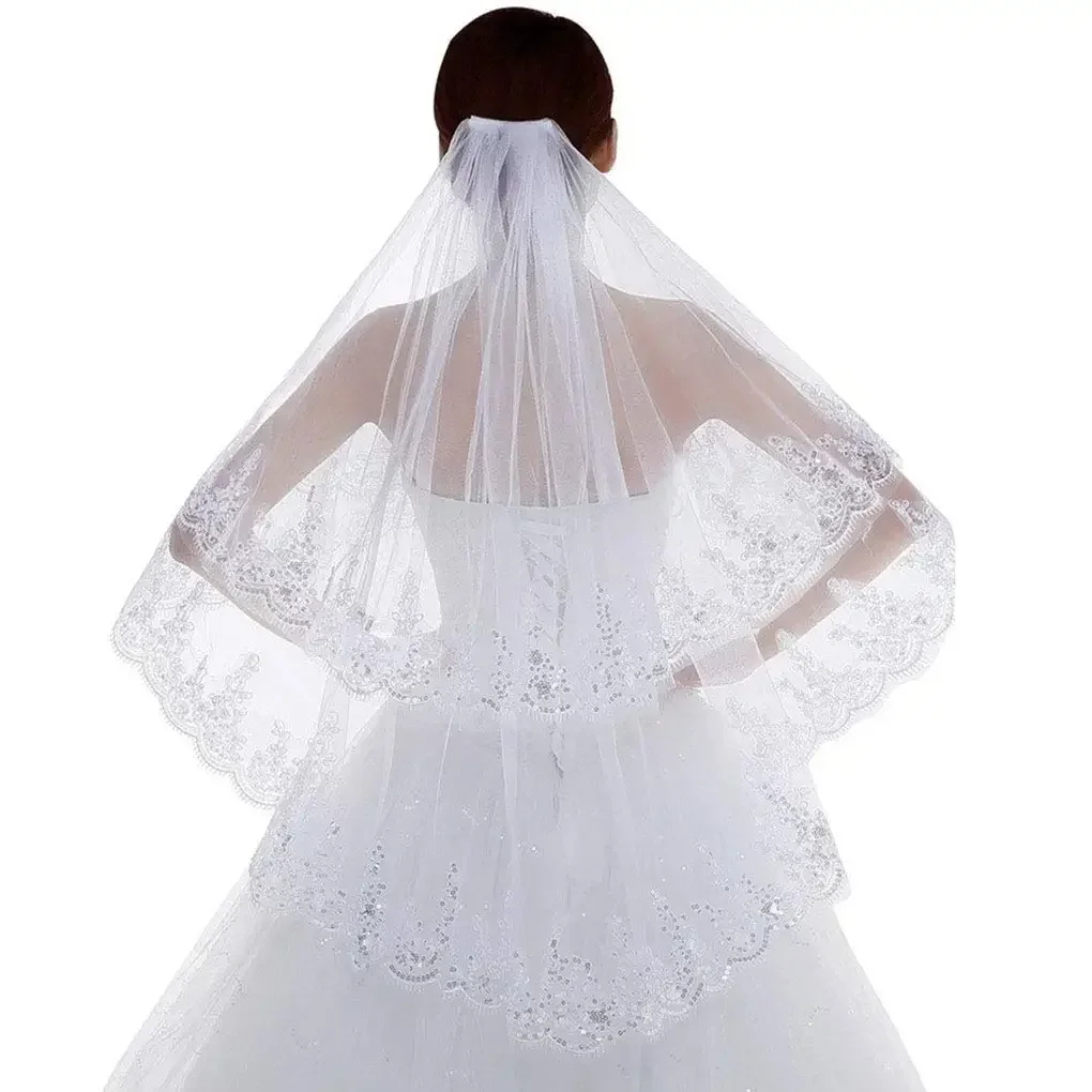 Women's Sequins Edge Bride Wedding Veil Fingertip Length Two-Tier/2T Lace Bridal Hair Accessories Tulle