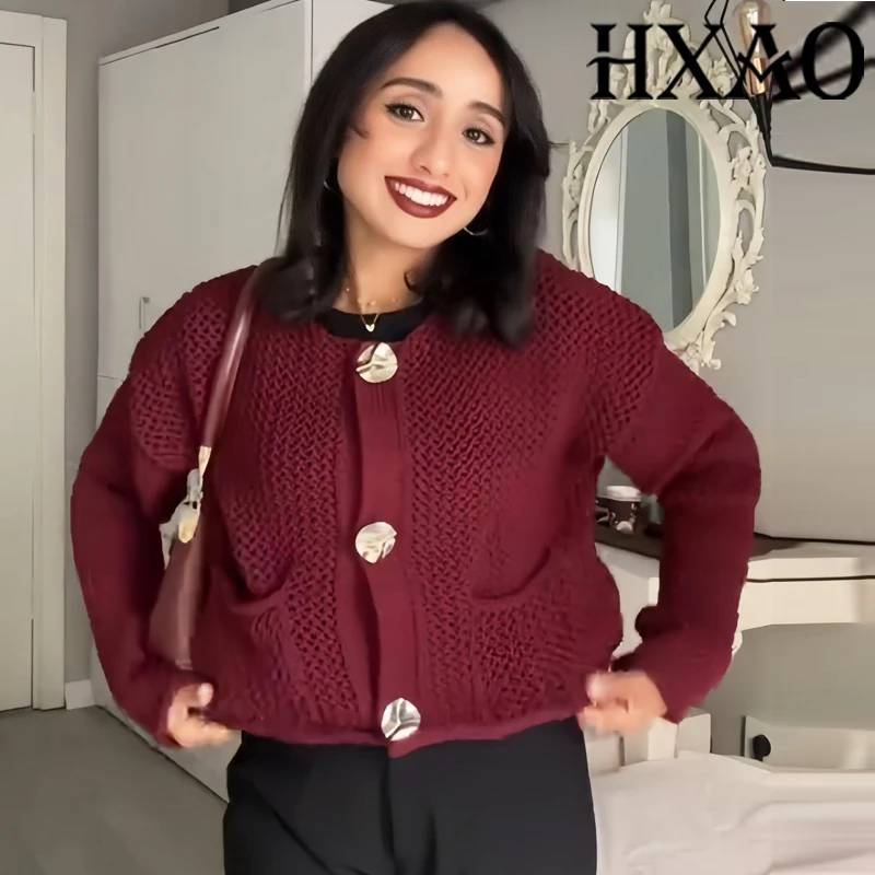 

HXAO Knitwears Outerwears Autumn Winter Cropped Sweaters Knitted Cardigan Women Long Sleeve Sweaters Knit Cardigan Button Jacket