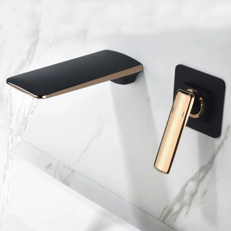 Black and Rose Gold Wall Mounted Bathroom Basin Sink Faucet Waterfall Bathtub Single Handle Solid Brass Hot & Cold Mixer Tap