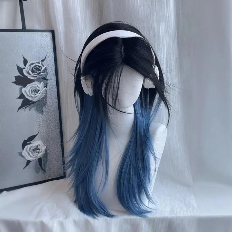 شعر مستعار برأس البوري باللونين الأسود والأزرق، شعر صناعي مفرود منفوش وذيل الذئب الطبيعي للاستخدام اليومي، ملحقات لوليتا التنكرية للحفلات