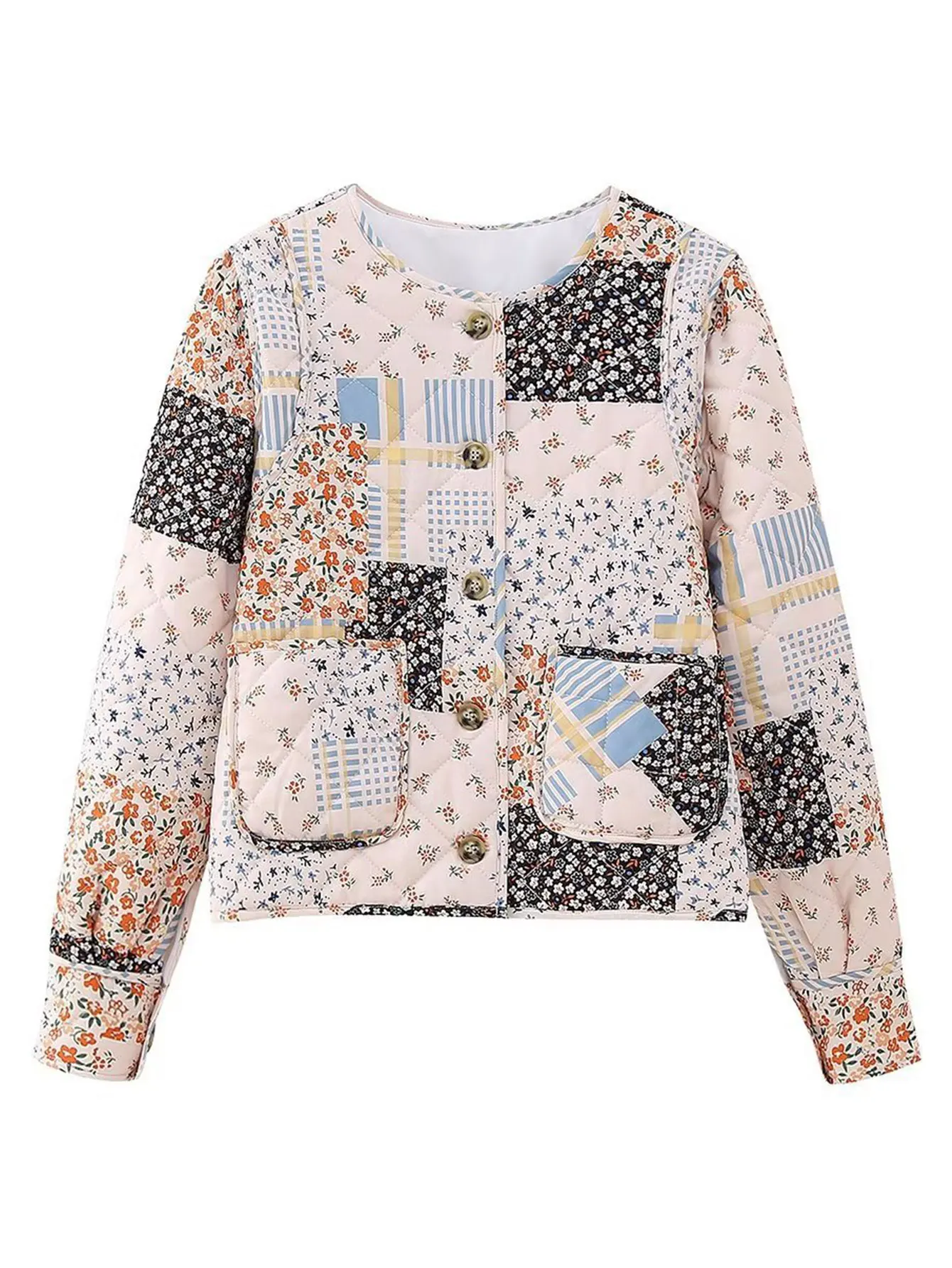 Europees en Amerikaans bedrukt katoenen gewatteerd damesjack met grote zakken Gewatteerde katoenen jas voor onafhankelijk station