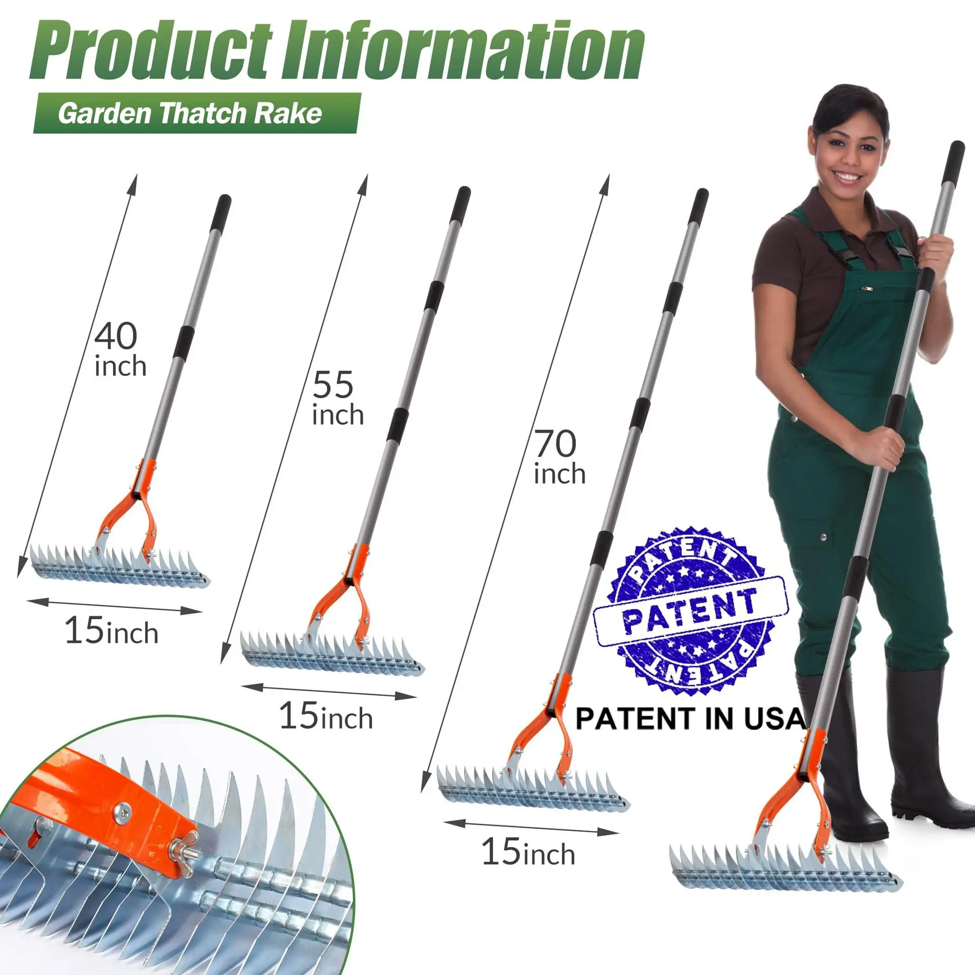 

All Stainless Steel Garden Leaf Rake, Lawn Thatching Rake for Grass Cleaning Weeding Soil Turning Tool
