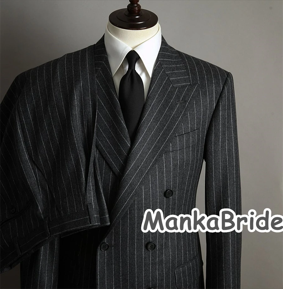 Blazer et pantalon à rayures grises à double boutonnage pour hommes, smoking de marié imbibé pour mariage, olympiques formels pour hommes, fête d'affaires, automne, hiver, 2 pièces