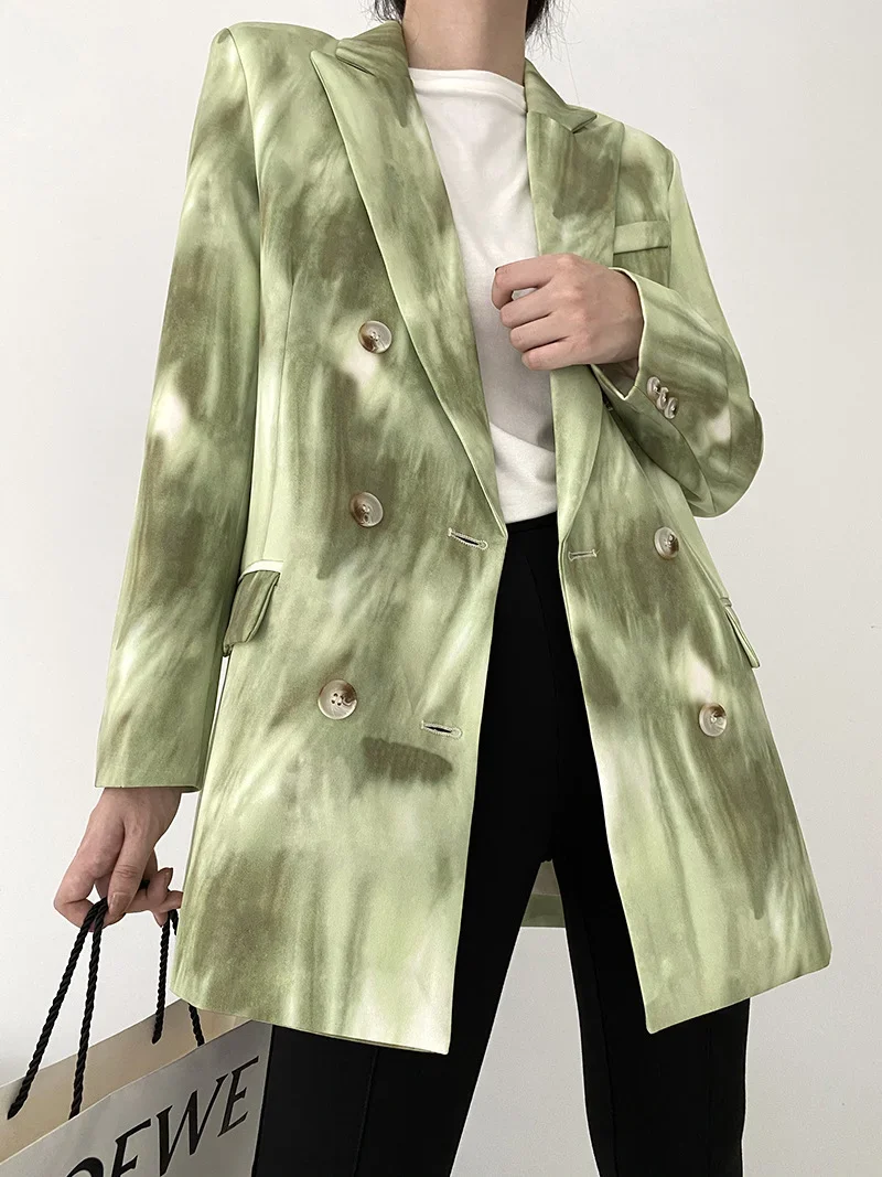 Casual Simple Gradient Color Blazer 2024 Women New Fashion Mid-Length Double Breasted Commute Office Blazer Autumn Winter Suit