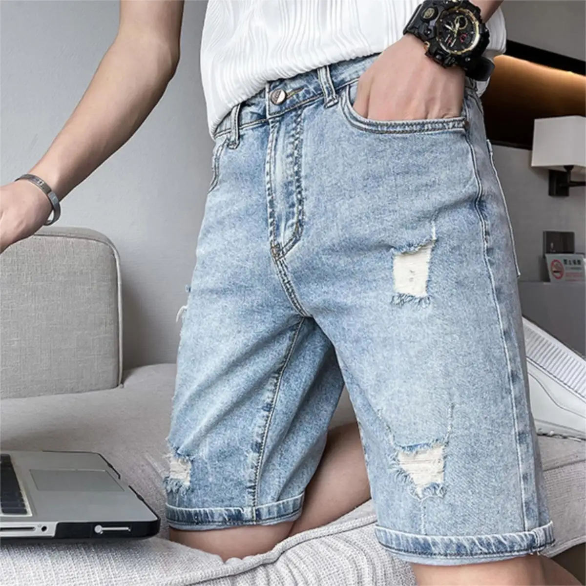 Summer Pants Men's Ripped Denim Shorts Trendy Brand Half Pants Casual Loose Medium Pants Thin Overalls Man Jean Shorts Man
