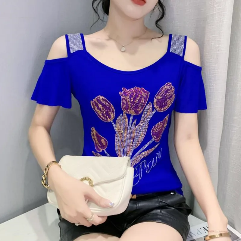 #8110 Black Blue Off Shoulder T Shirt Women Diamonds Flower Sexy Short T Shirt Female Short Sleeve Womens Tee Shirts Summer Top