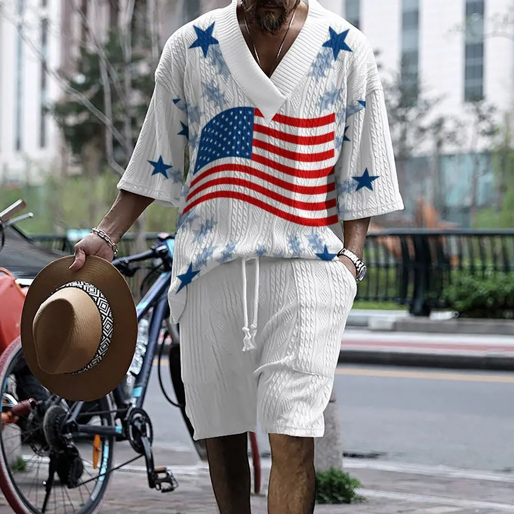 Men\'s 2024 Cross border 3D Printed Jacquard Casual Set Loose Short sleeved Shorts V-neck Sports Set Two Piece Set