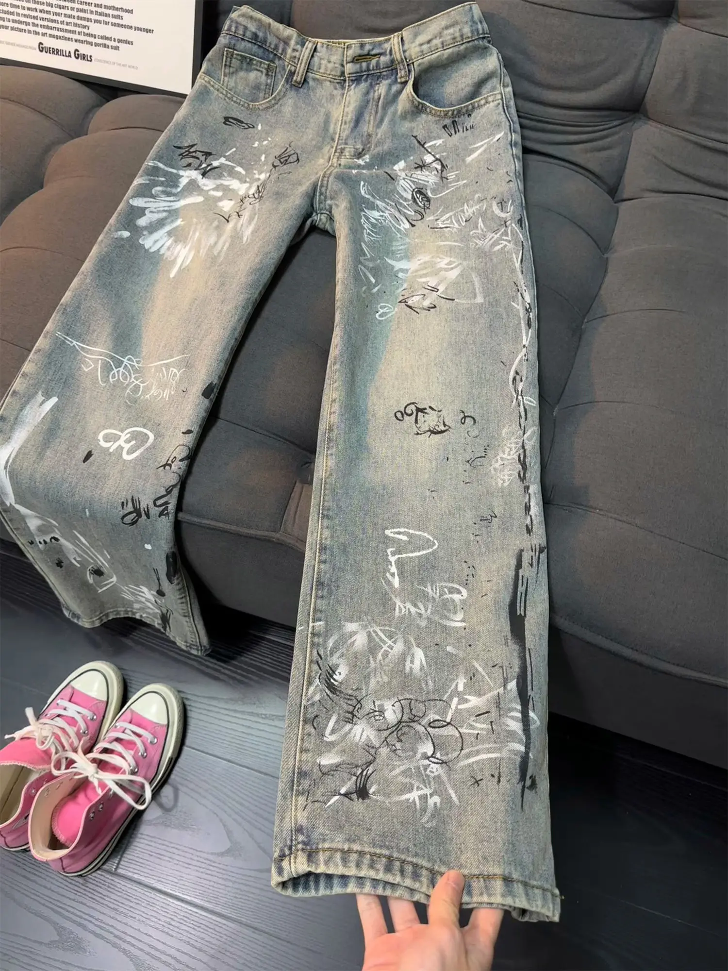 

Мужские джинсы в стиле ретро-американский фитнес, осенне-зимние, трендовые, прямые, из потертого денима, свободного кроя