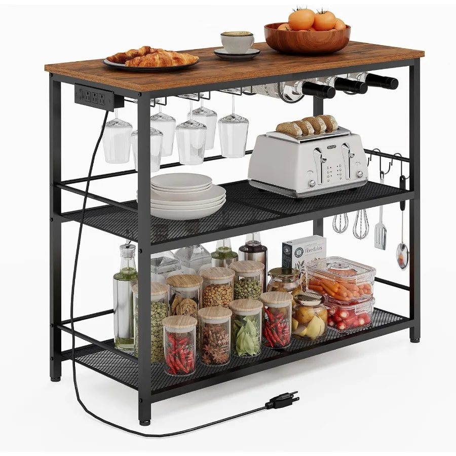 47.2 Kitchen Island Kitchen Storage Rack with Power Outlet Microwave Stand with Wine Rack 3 Tier Coffee Bar Station for Dining