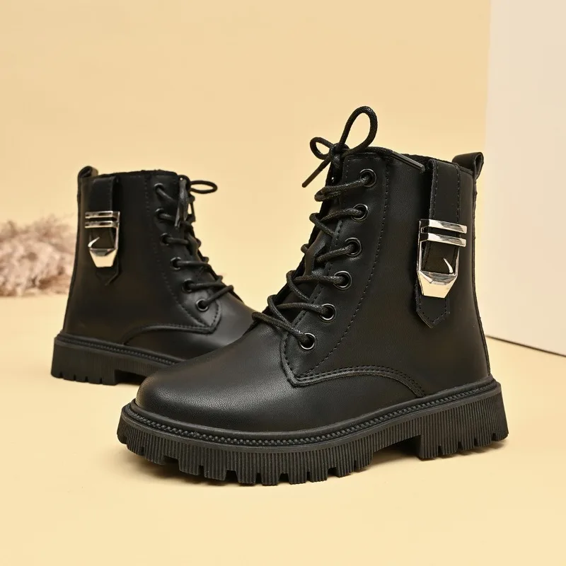 Kids' Black Leather Fashion Boots - Lace-Up Metal Buckle Decor Thick Sole Fashionable Ankle Boots for Children Botas Para Niñas