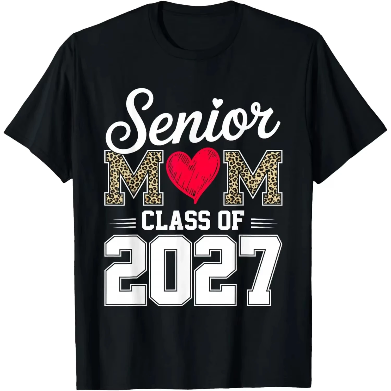 2026 Senior Mom Class of 2027 Leopard Heart Graphic Short Sleeve T-shirt Graduation Gift Loose Crew Neck Top