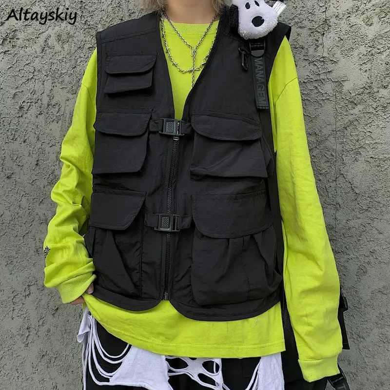 

Vests Women Black Cargo Waistcoats Harajuku Korean Style All Match V-neck Zippers Baggy Outwear Unisex Tooling Coats BF Hot Sale