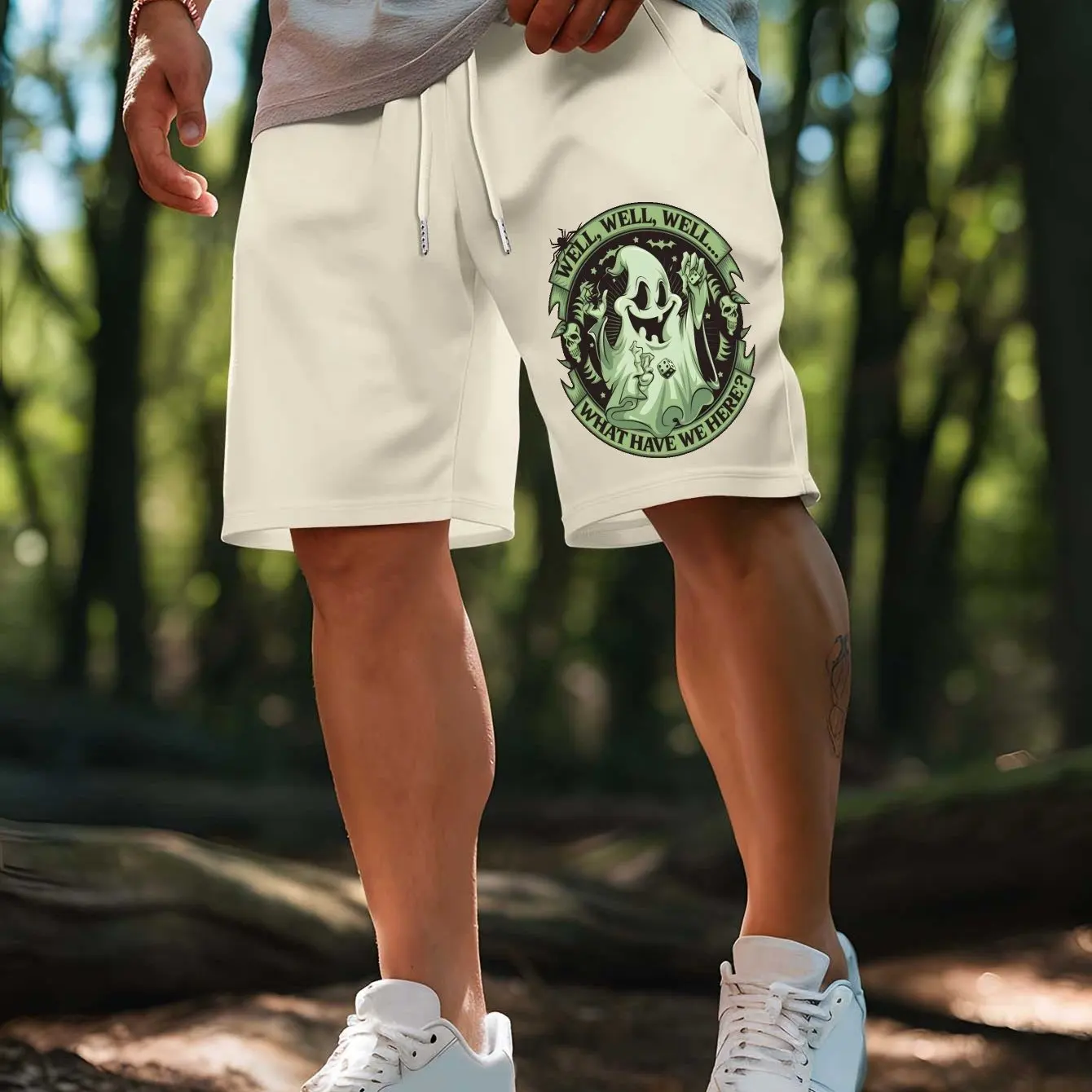 Men's Gothic Style Skull Print Casual Shorts Elastic Waistband Drawstring Summer Swimming Shorts Halloween Costume