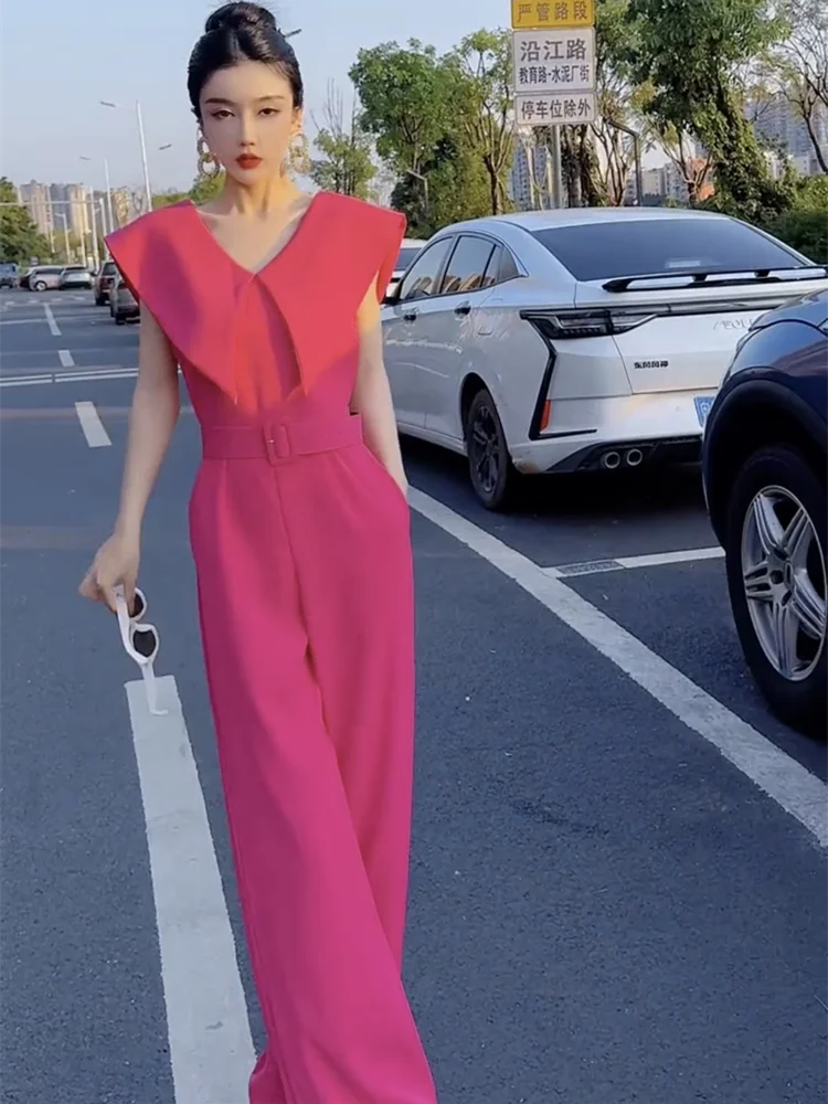 

New Fashionable Slim and Stylish High Waist Sharp Neck Jumpsuit 2025 Summer Women Goddess Style Temperament Jumpsuits