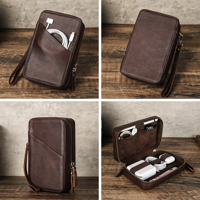 Coffee-colored genuine leather high-end data cable storage box, handcrafted mobile accessory zipper handbag