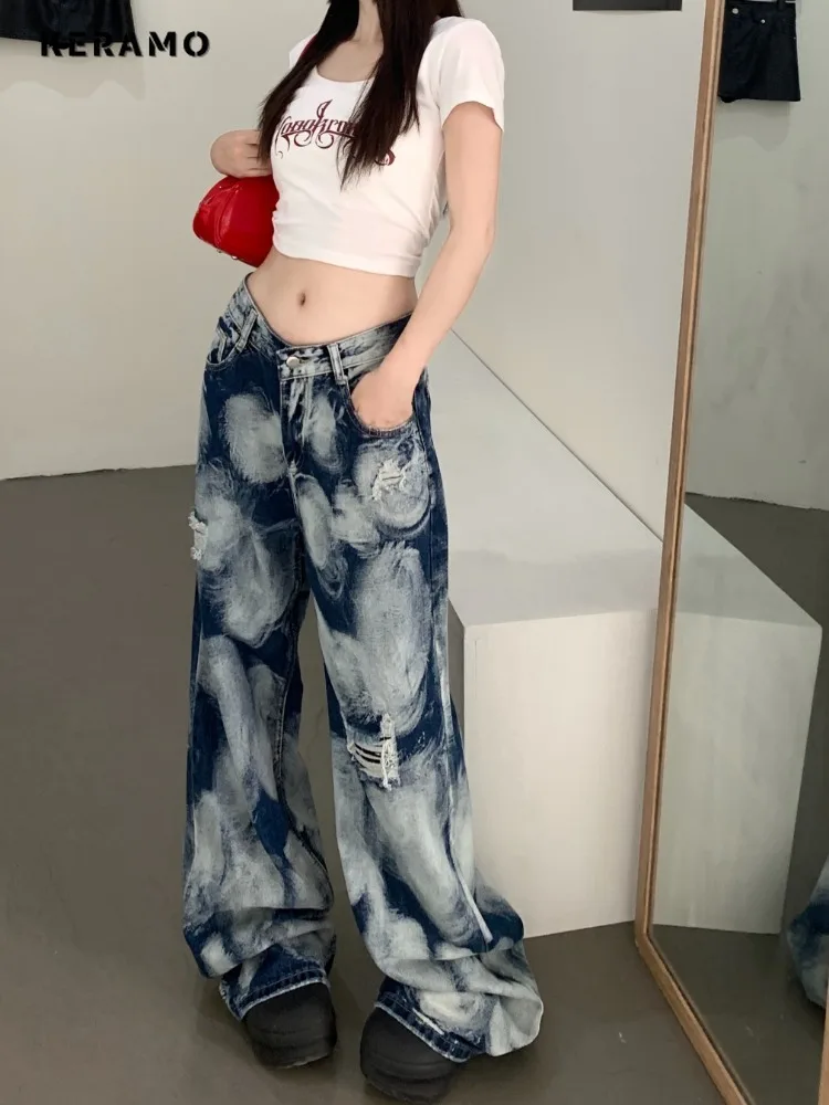 2024 Summer Vintage Ripped Harajuku Y2K Loose Jeans Hollow Out Tassels Pants Women's Wide Leg Trashy Print Baggy Denim Trouser