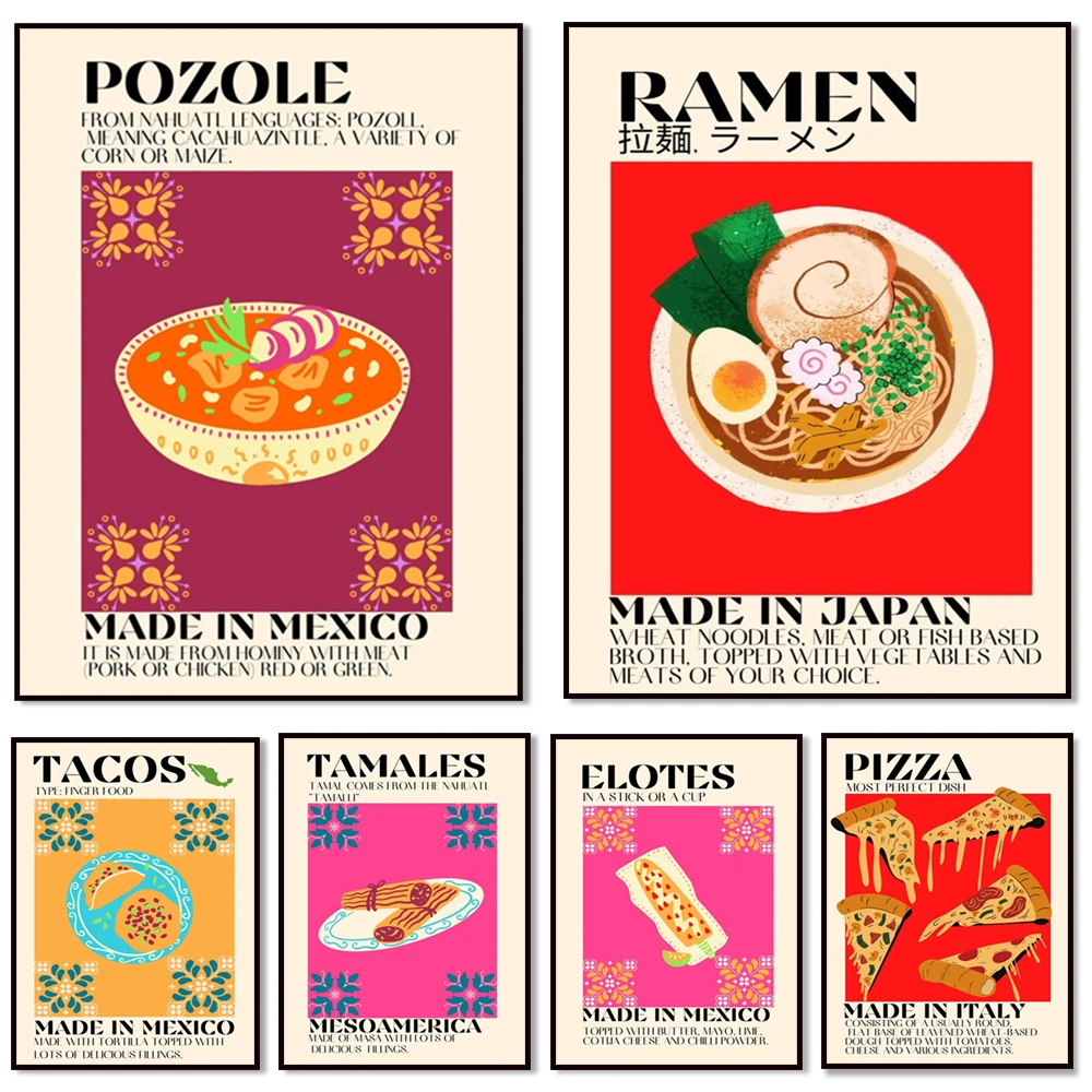 Cocina japonesa mexicana italiana, fideos, sushi, tamales, pizza de salchicha, burritos, tacos, cita. Póster de decoración del hogar de comida de cocina