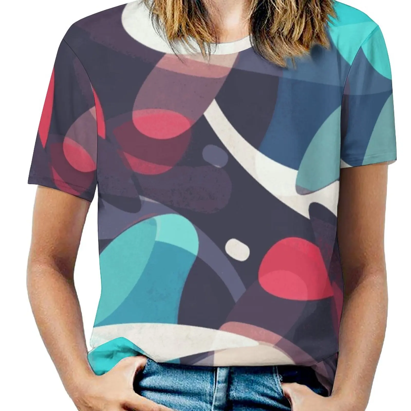 Molecular Woman'S T-Shirt Spring And Summer Printed T Shirts Crew Neck Pullover Top Abstract Organic Pattern Red White Blue