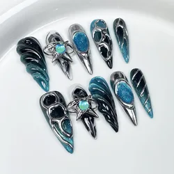 10Pcs Y2k Almond Fake Nails Patch Spicy Girl Press on Nails Sweet Cool Nail Art Bowknot Heart False Nails Rhinestone Nail Tips