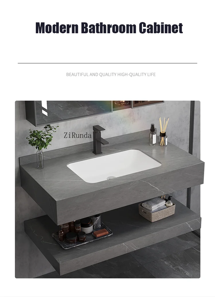 Armário de banheiro moderno de pedra de sinterização e combinação de armário de lavatório de armazenamento lateral de espelho inteligente