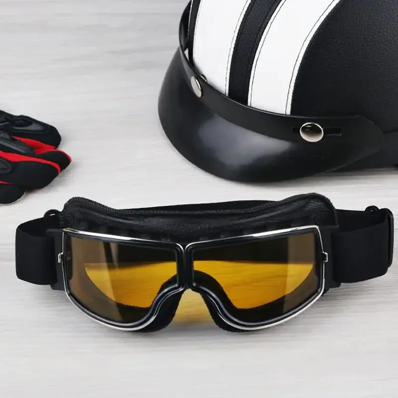 Motocicleta vintage capacete óculos, óculos dobráveis, scooter ATV e esqui óculos, óculos, lente de couro 4 cores, 3