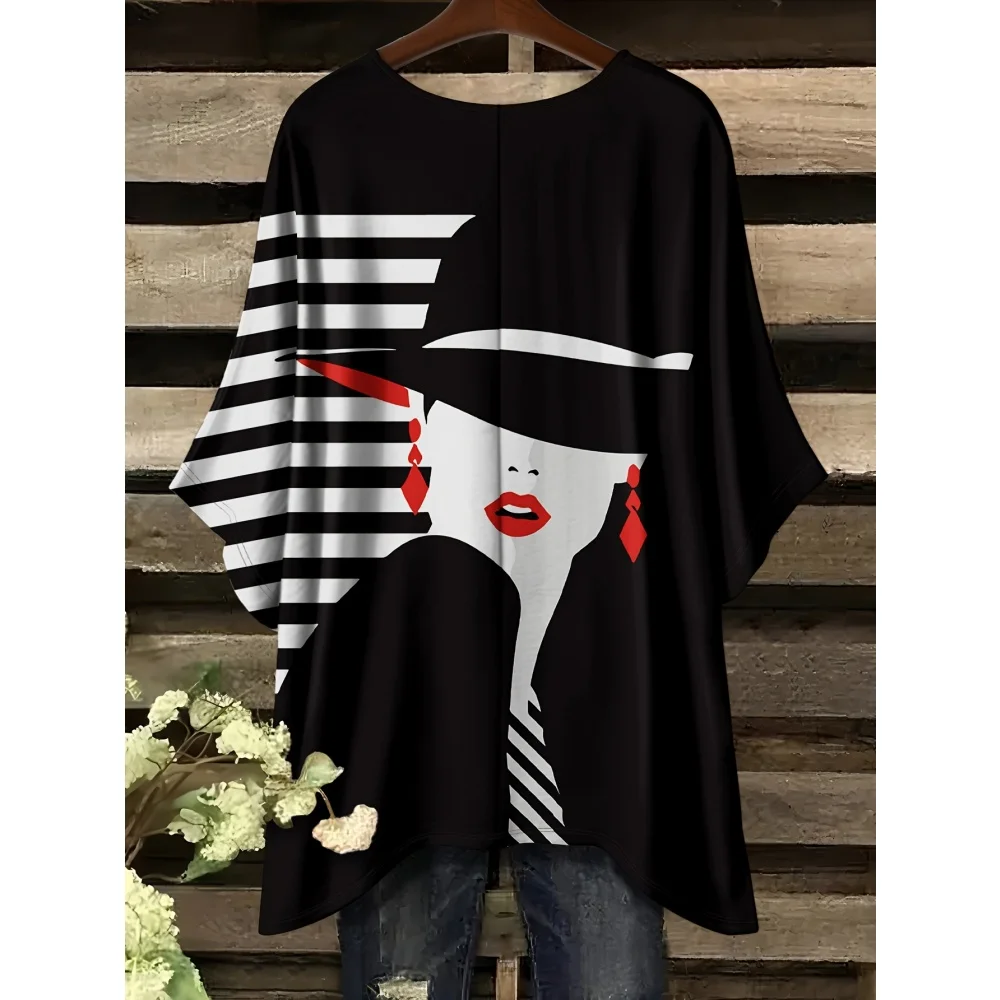 T-Shirt femme élégant noir rayé femme visage imprimé graphique hauts été décontracté col rond manches courtes T-Shirts pour les femmes