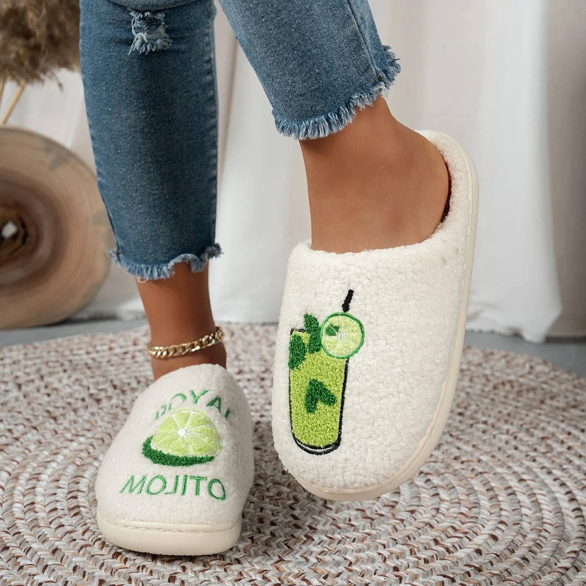 Bedroom Leisure Women's Slippers Royal Mojito Pattern Comfy Warm Bachelorette Party Fuzzy Home Shoes Mom Daughter Winter Gift