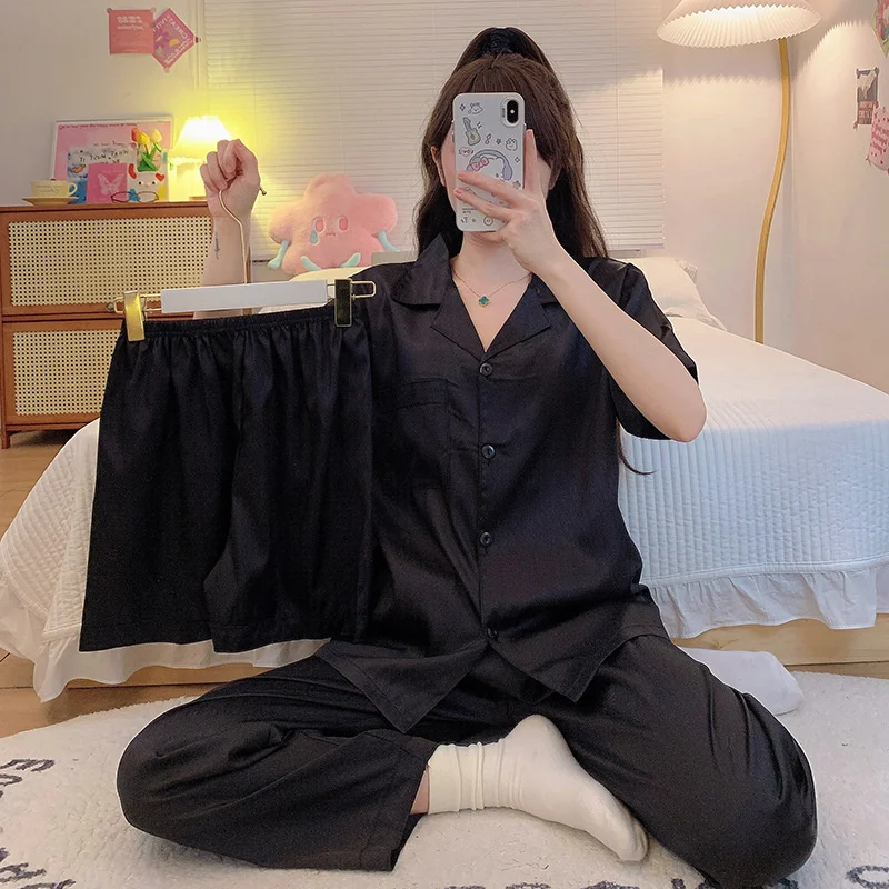 Set piyama Korea baru, kemeja kerah celana pendek Set celana panjang Satin sutra musim semi musim panas pakaian tidur wanita tiga potong pakaian rumah setelan