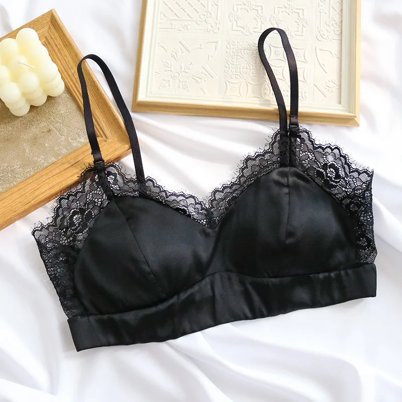 Women Silk Bras 93.8% Mulberry Silk 6.2 Spandex Lace Satin Surface Wire Free Wireless Bra Bralette Everyday Wear TA018