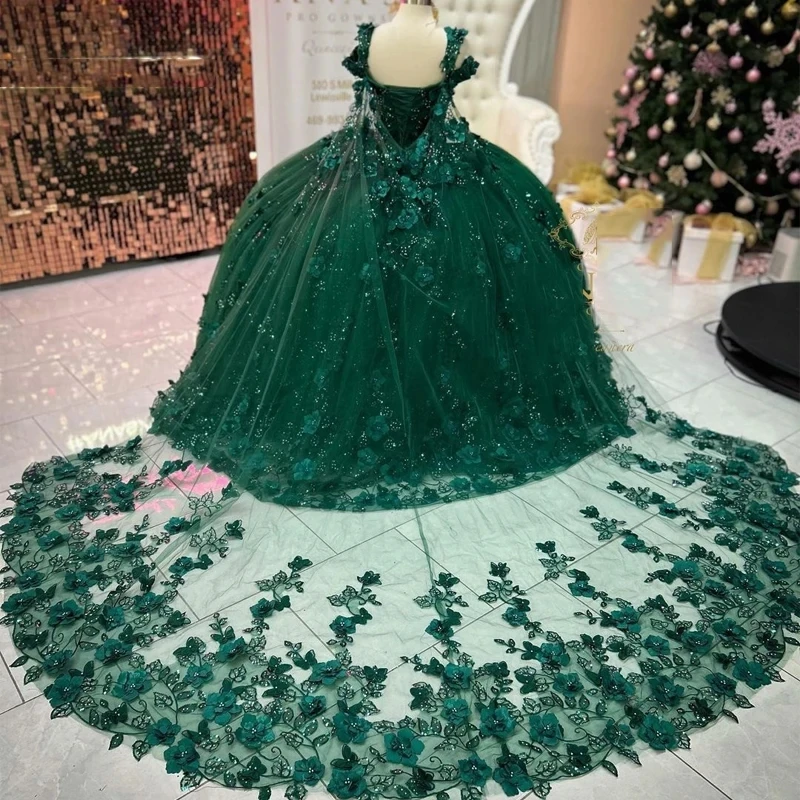 

Real Picture Luxury Green Quinceanera Dresses With Cape V Neck 3D Floral Beads Ball Gown Vestido De 15 Anos Prom Party Dress 16