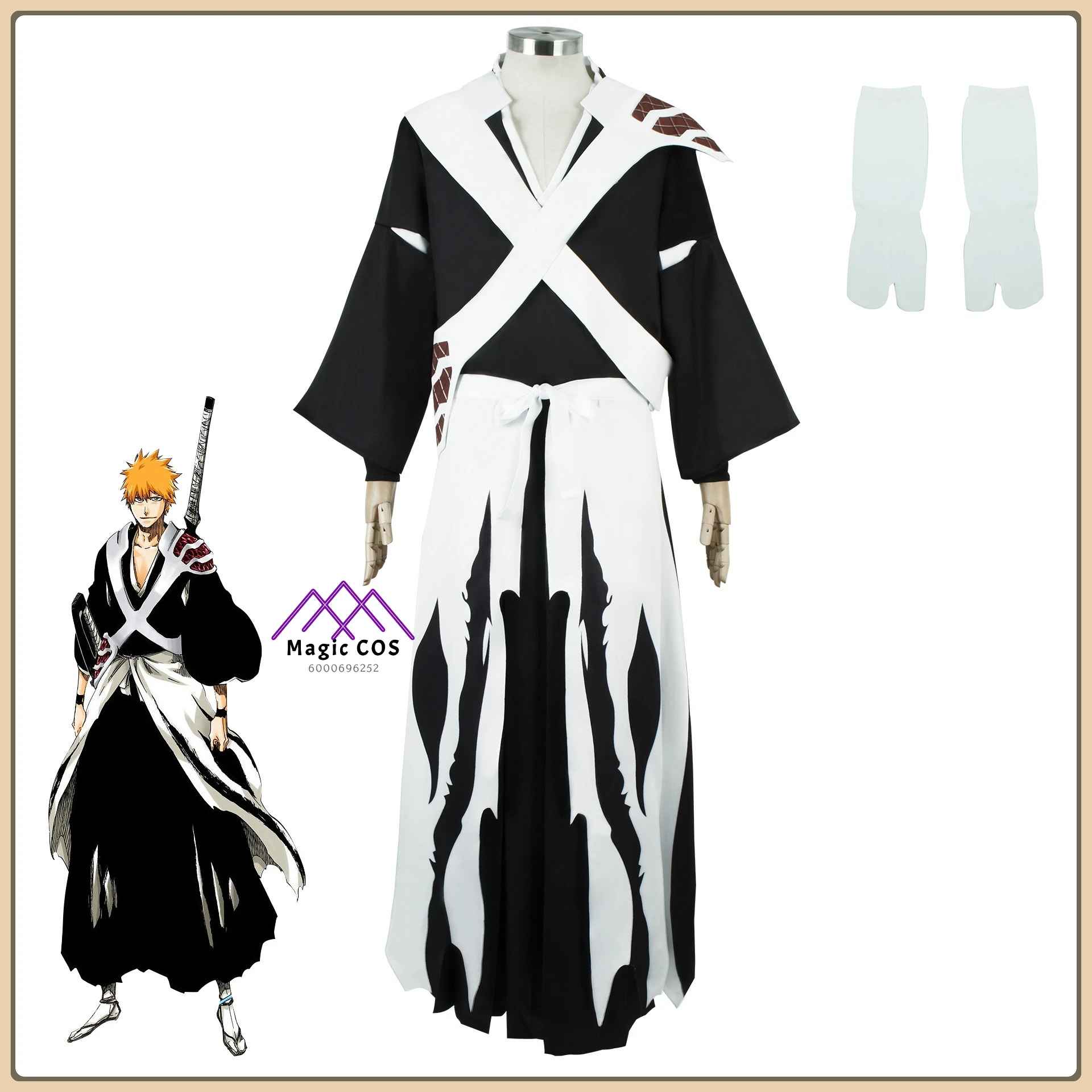 

Bleach Ichigo Kurosaki Cosplay Costume Polyester Shihakusho + White Belt + Wig Classic Men's Anime Outfit for Comic Con Party