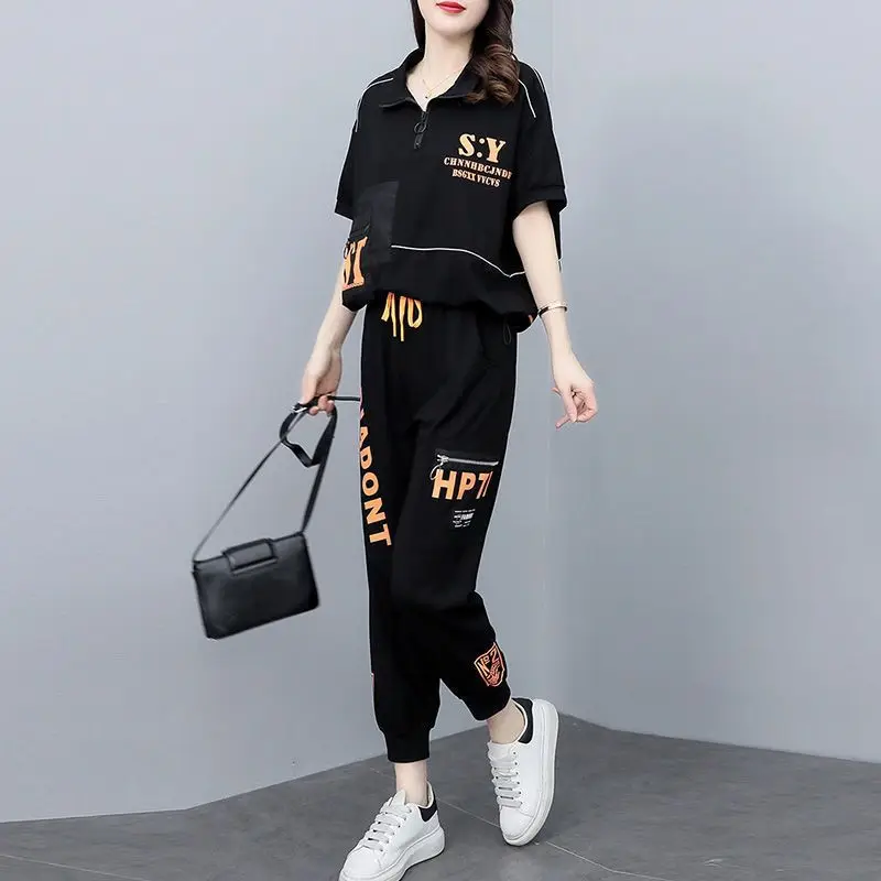 Summer New Sports Casual Women\'s Set Korean Edition Loose Spliced Short Sleeve Polo T-shirt+Long Pants Two Piece Set for Women