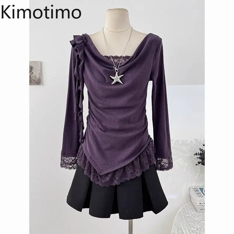Kimotimo Women T-shirt Fashion Asymmetric Patchwork Lace Long Sleeve Ruffle Top Summer Temperament Folds Slim Fit Ruched Tees