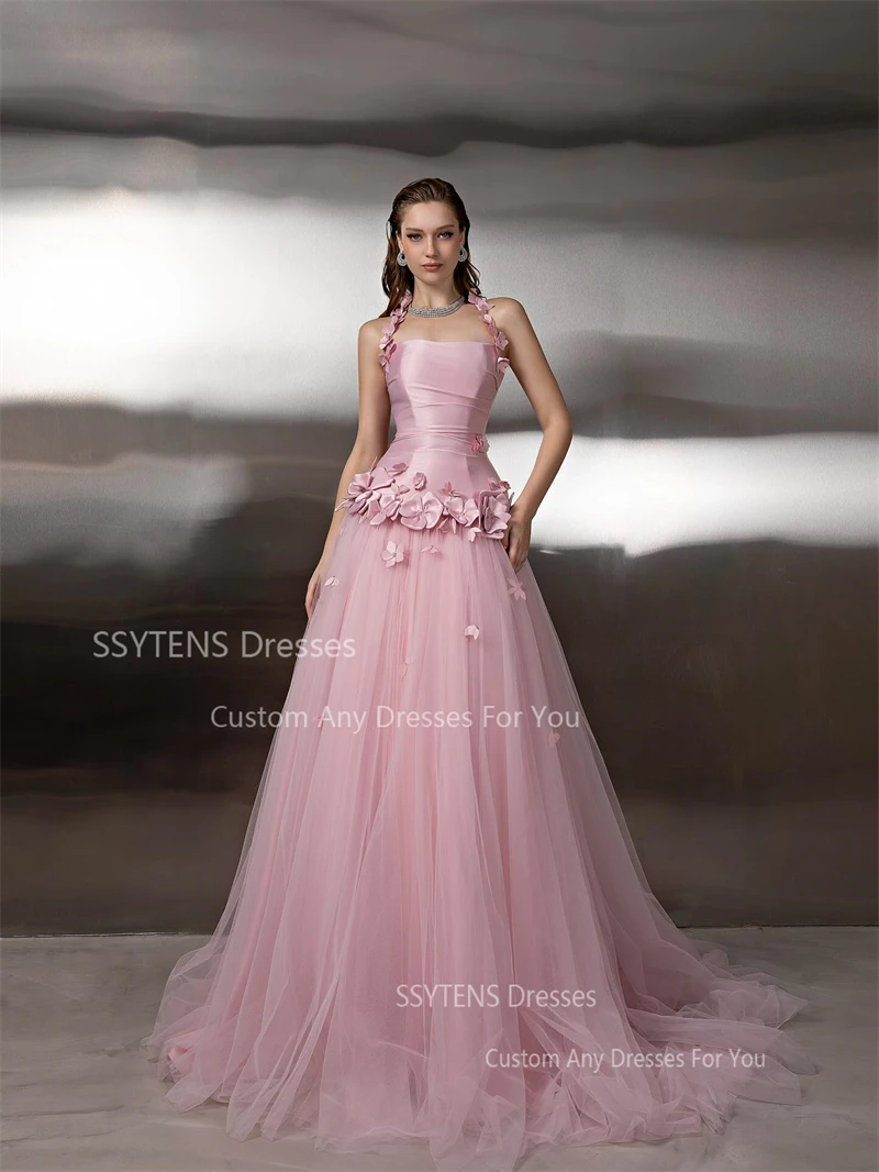 SSYTENS Roze Halter Hals Bruiloft Avondjurken Aangepaste Mouwloze Sexy Feestjurken Chique Bloemen Lange vestidos de fiesta