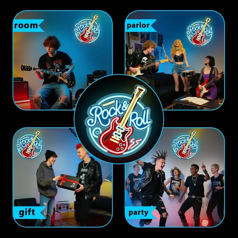 Rock and Roll Live Music Neon Signs Cool Guitar LED Neon Lights for Music Studio Bedroom Party Bar Man Cave Decor Gift Dimmable