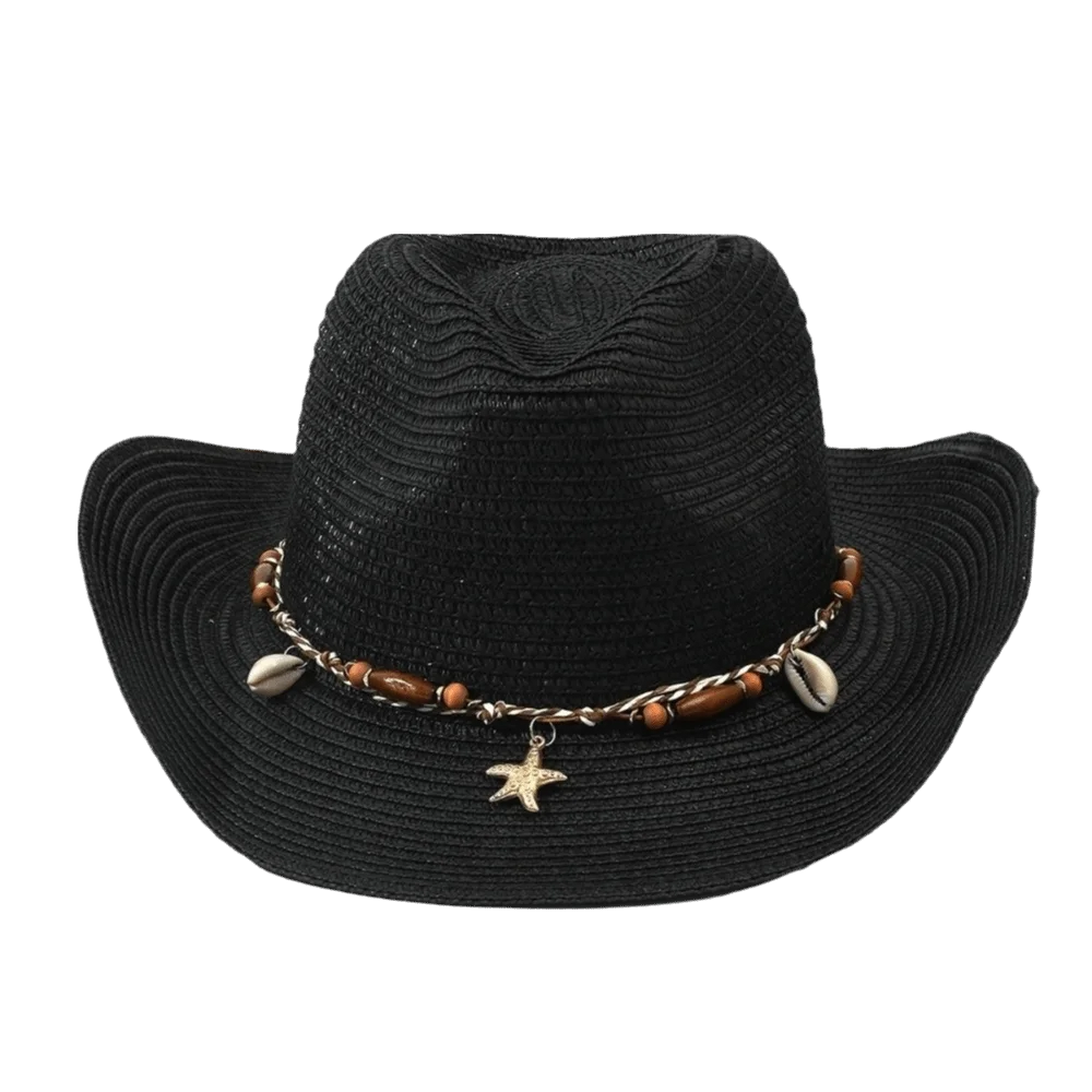 Western Style Acrylic Fibers Straw Cowboy Hat Conch Shell UV Protection Sun Hat Beaded Band Foldable Floppy Hat Beach