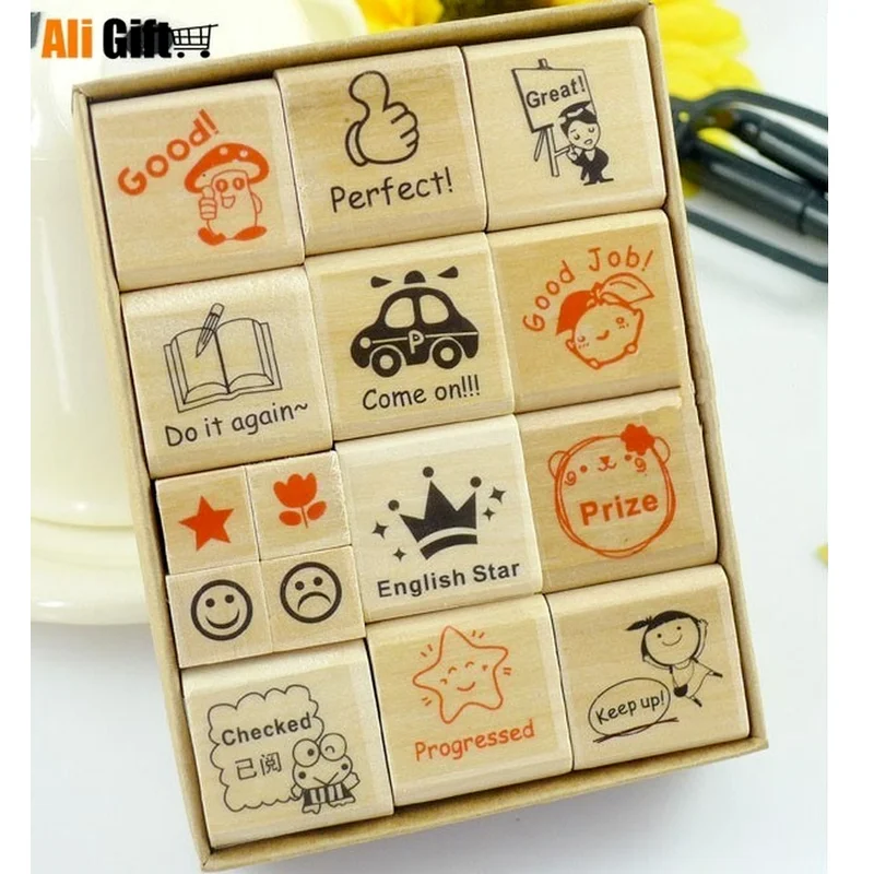 Rubber Cartoon Stamps for Kindergarten Teachers Reward Parents Craft Supplies, English Praise Reward, 15 PCs/Lot