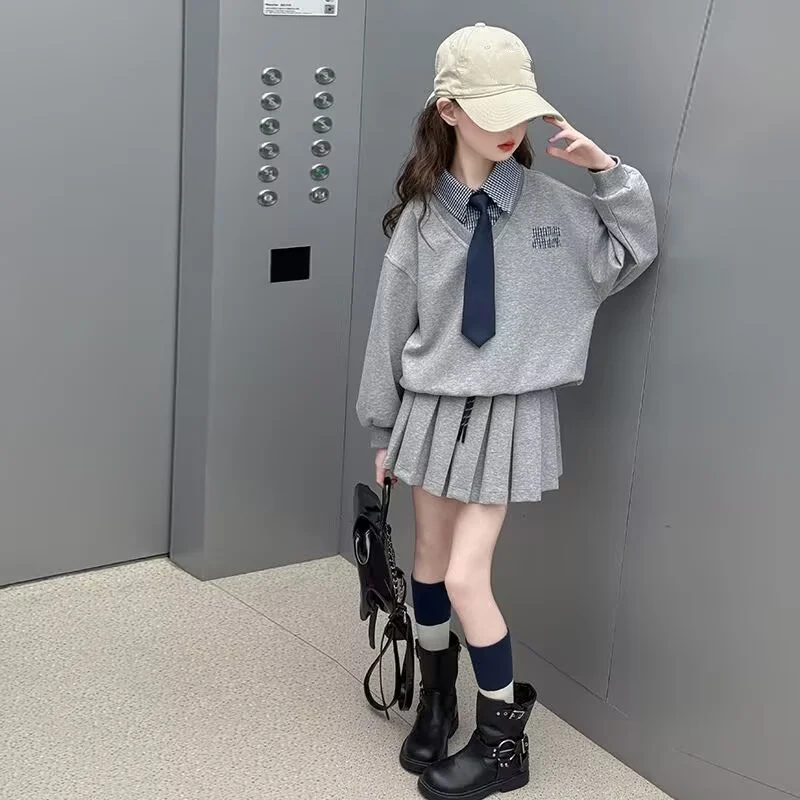 Teenager Girls Autumn Winter Hooded Plaid Lapel Collar Top with Pleated Skirt School JK Uniform Set for Ages 4-14