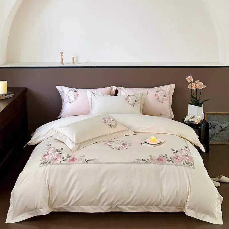 

1000TC Premium Cotton Embroidery Flowers Bedding set White Pink Comforter Cover Bed Sheet 2 Pillow shams Double Queen King size