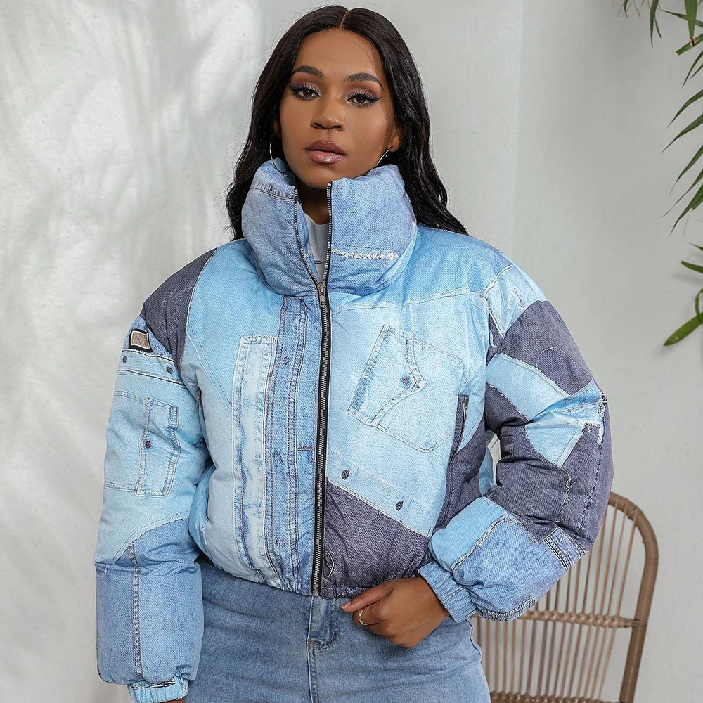 Denim Print Puffer Jacket Women Thick Stand Collar Zipper Cropped Cotton Coats Winter Chic Ladies Outerwear Patchwork Parkas